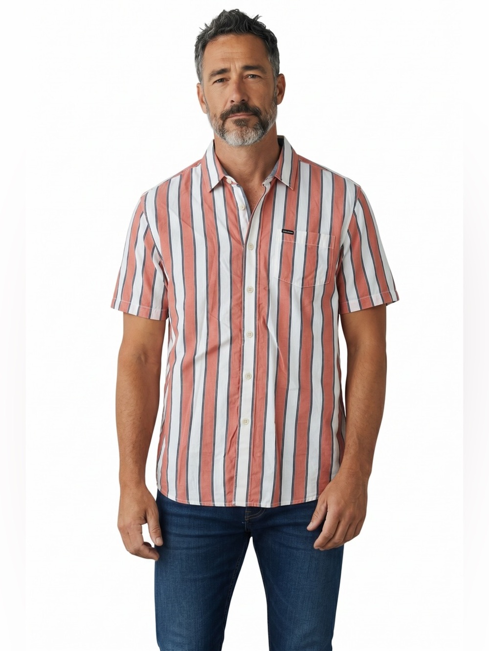 Volcom Men's Short Sleeve Stripe Shirt - Coral, White & Black